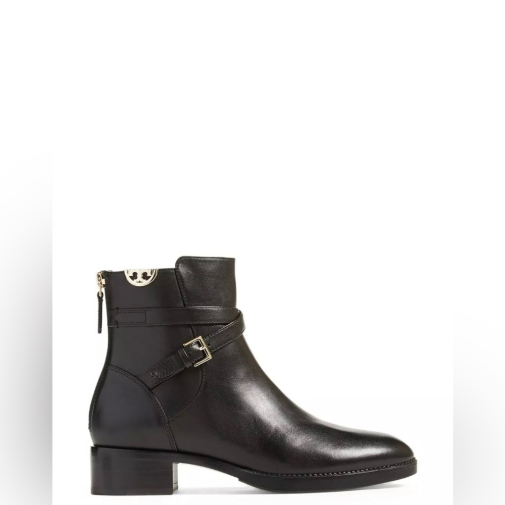 Tory Burch Sidney Booties Ankle Boots Black‎ Soft Leather Logo Sz 7.5
